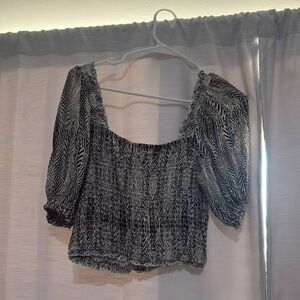 CELINA MOON Black and Gray Smocked Puff Sleeve Crop Blouse